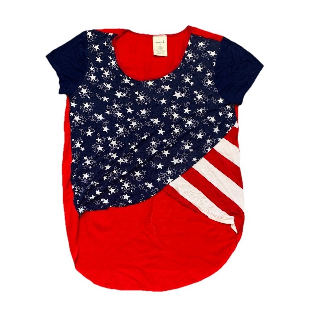 Marci Shirt Women's L Red Blue USA Flag Asymmetrical High‎ Low Top Patriotic